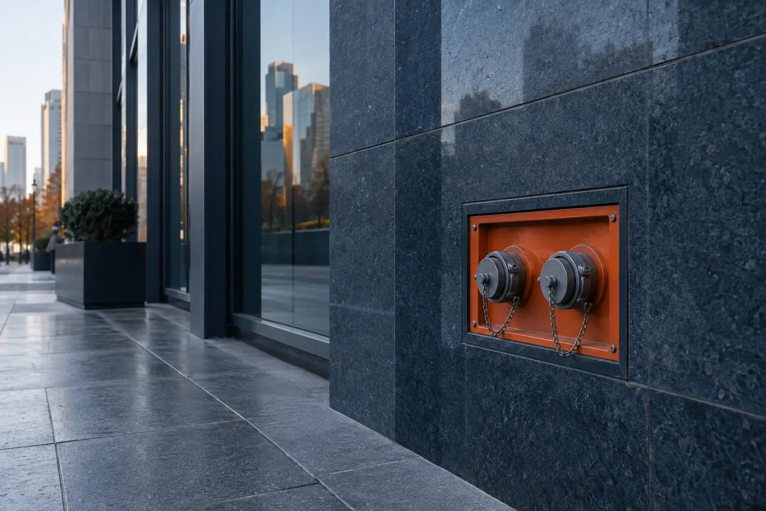 Raccord d’alimentation d’une colonne sèche à deux prises, encastré dans la façade d’un immeuble au niveau du trottoir.