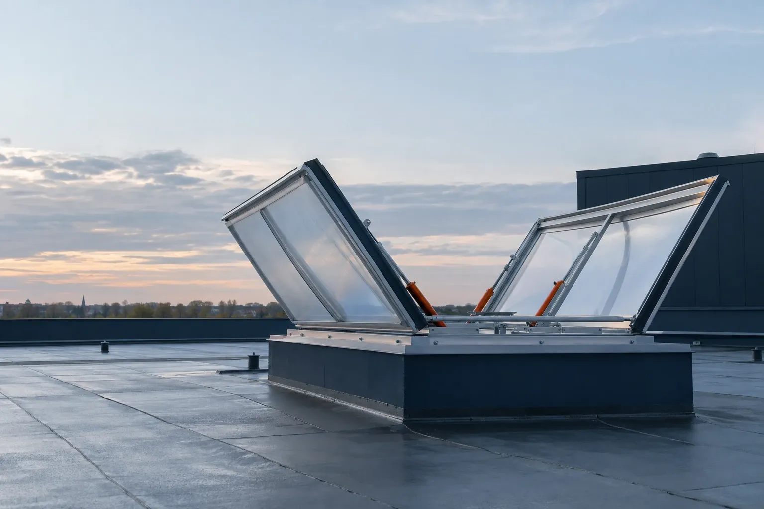 Exutoire de désenfumage à deux vantaux ouvert sur le toit-terrasse d’un bâtiment.