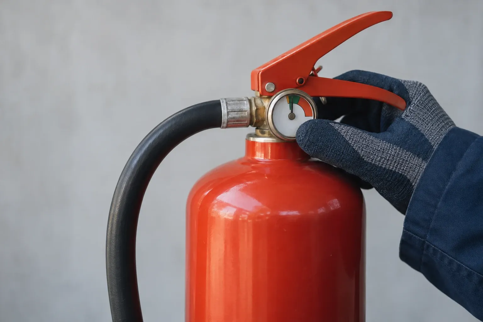 Main gantée d’un technicien vérifiant le manomètre d’un extincteur.
